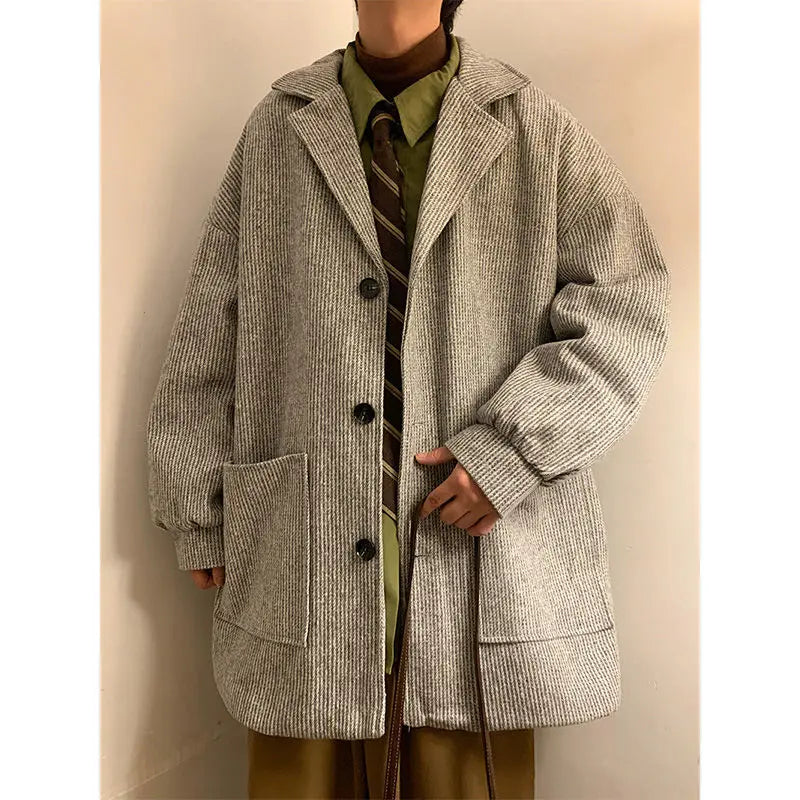 Preppy Woolen Coat Winter New Oversize Mid Length Lapel Button Windbreaker Retro Versatile Big Pocket Tops Techwear Men Clothing