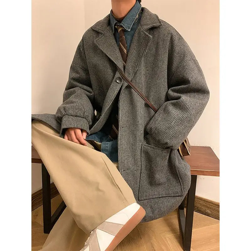 Preppy Woolen Coat Winter New Oversize Mid Length Lapel Button Windbreaker Retro Versatile Big Pocket Tops Techwear Men Clothing